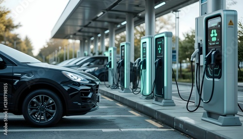 electric car charging station with multiple chargers and cars parked in row