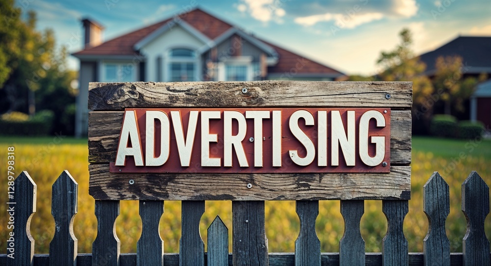 Fototapeta premium advertising lettering on sign at fence with house background