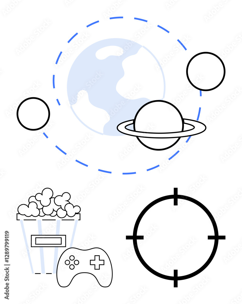 Obraz premium Planetary system with rings around planet, popcorn bucket, game controller, and crosshair target. Ideal for gaming, entertainment, astronomy, movie night targeting media fun activities. Line