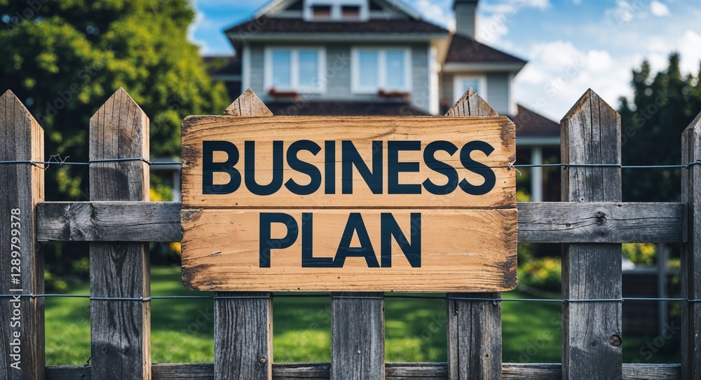 Obraz premium business plan lettering on sign at fence with house background