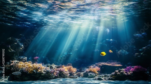 Underwater Scene with Coral Reefs, Fish, and Sunbeams
