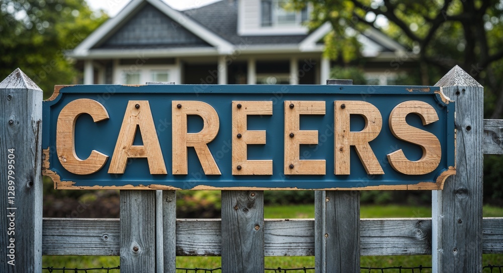 Careers lettering on sign at fence with house background Careers lettering on sign at fence with house background