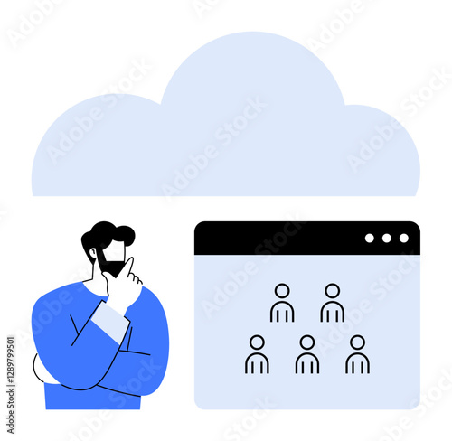 Cloud icon above browser window showing user avatars and thinking person highlights teamwork, innovation, and digital organization. Ideal for teamwork, cloud technology, networking, data sharing