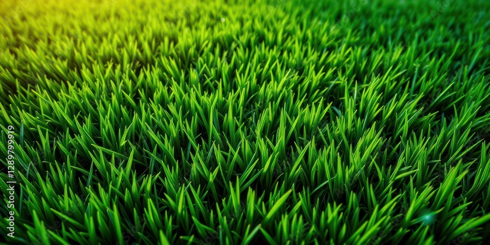 Thick blades of green grass stretch across a well-maintained lawn, illuminated by gentle spring sunlight, creating a lively and refreshing atmosphere Thick blades of green grass stretch across a well-maintained lawn, illuminated by gentle spring sunlight, creating a lively and refreshing atmosphere