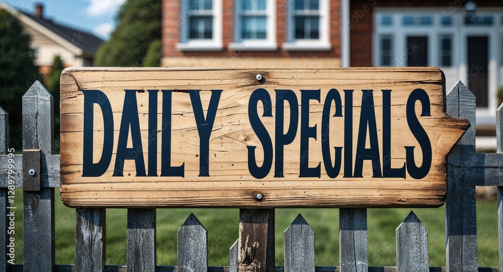 Obraz premium daily specials lettering on sign at fence with house background