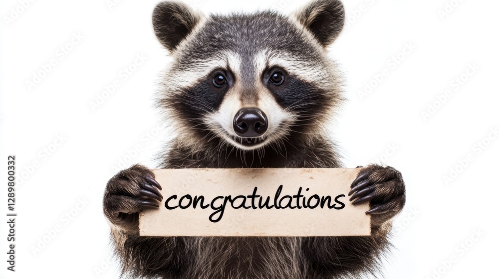 Obraz premium Raccoon Holding Congratulations Sign: Cute Pet Announcement