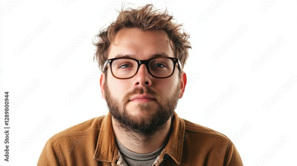 Thoughtful man with glasses wearing a brown shirt Thoughtful man with glasses wearing a brown shirt