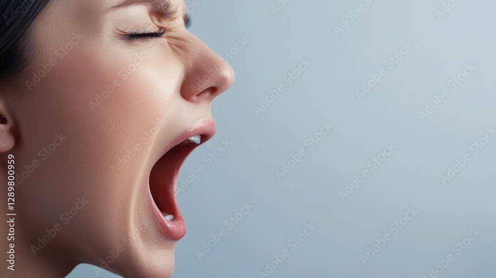 Woman screaming with eyes closed in profile Woman screaming with eyes closed in profile