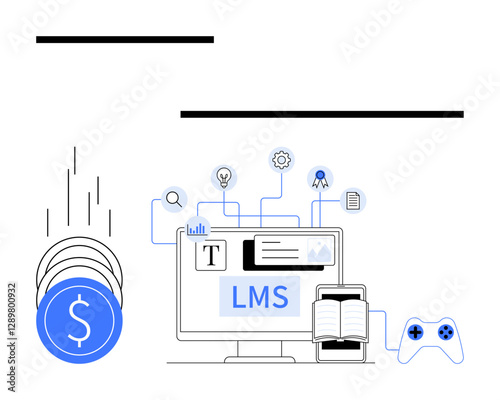 Coins falling, computer with LMS interface, gears, book, smartphone, and gaming controller. Ideal for educational technology, online learning, gamification e-learning student engagement