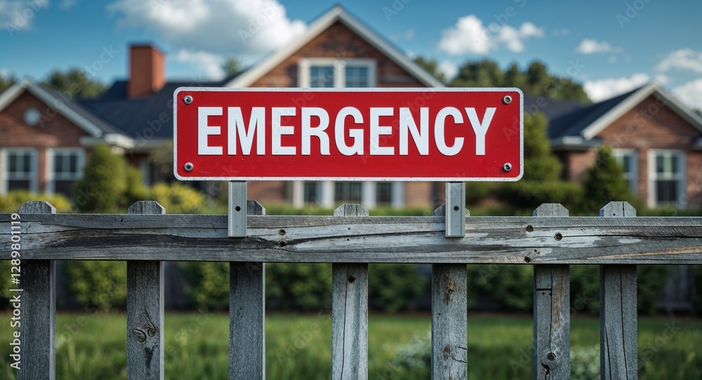 Obraz premium emergency lettering on sign at fence with house background