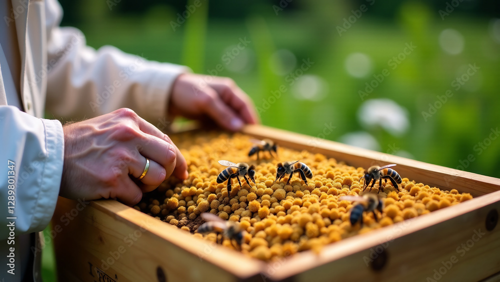 A beekeeper tending to a hive, highlighting the relationship between humans and bees. A beekeeper tending to a hive, highlighting the relationship between humans and bees.