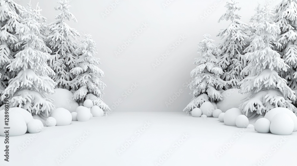 Fototapeta premium Snowy forest interior scene, white trees, smooth stones, winter wonderland, 3D model, empty space, background design