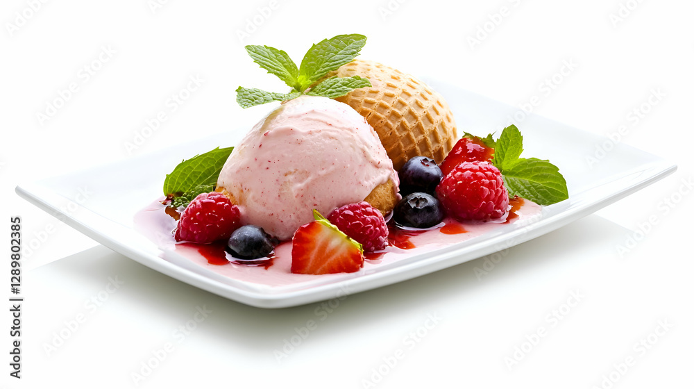 Pink Strawberry Ice Cream Dessert with Berries and Waffles Pink Strawberry Ice Cream Dessert with Berries and Waffles