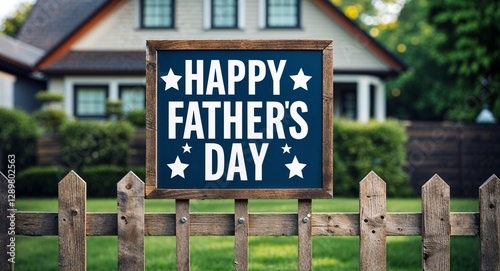 happy fathers day lettering on sign at fence with house background