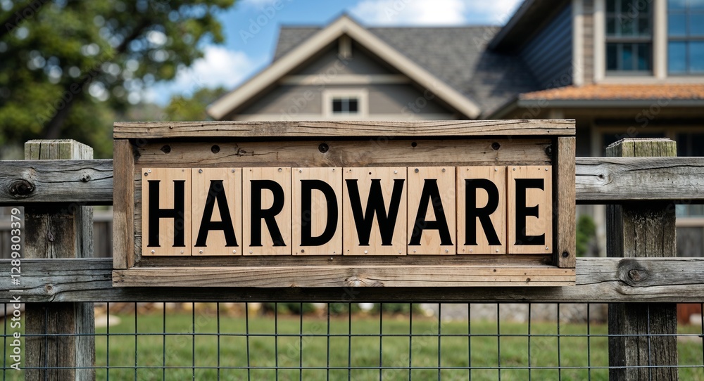 Obraz premium Hardware lettering on sign at fence with house background
