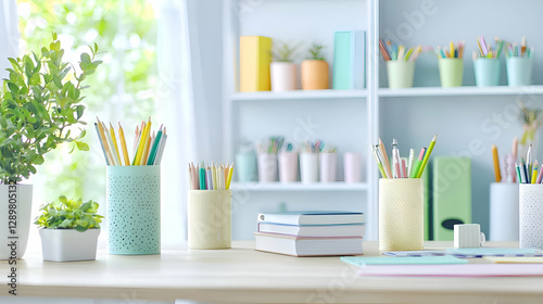 Bright Pastel Workspace with Organized Stationery and Plants