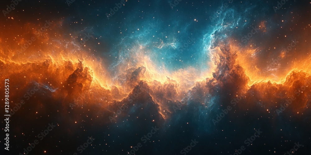 Fototapeta premium Vibrant Cosmic Nebula Digital Surrealism Teal Orange Swirling Patterns Ambient Lighting Space Background