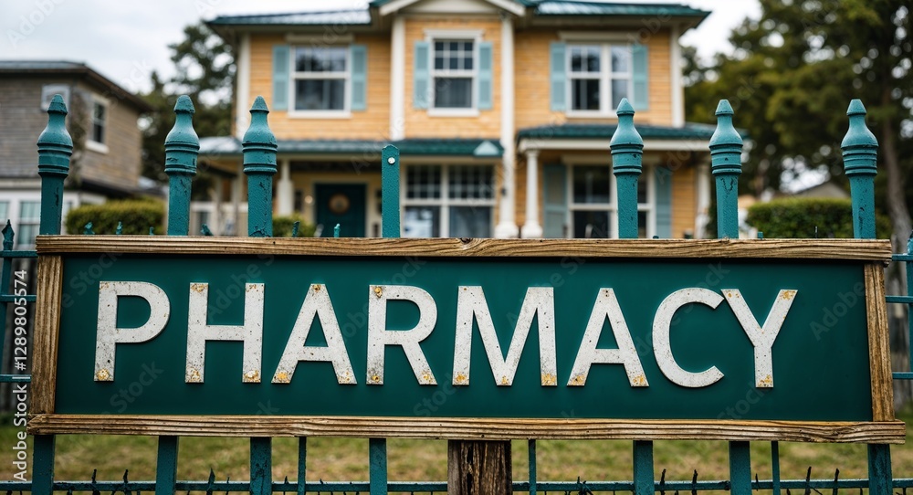 Pharmacy lettering on sign at fence with house background Pharmacy lettering on sign at fence with house background