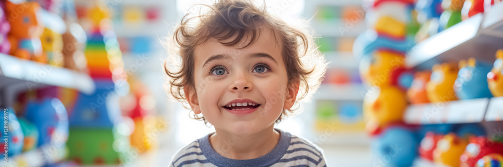 portrait little happy smiling boy in toy store