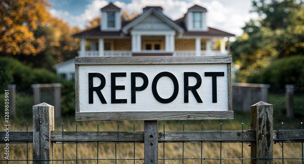 Fototapeta premium Report lettering on sign at fence with house background