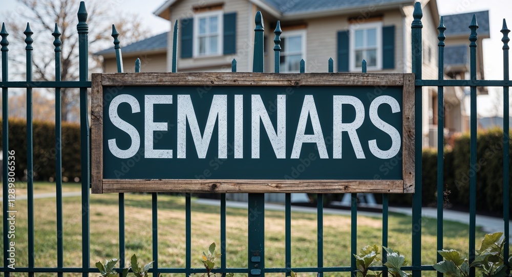 Obraz premium seminars lettering on sign at fence with house background