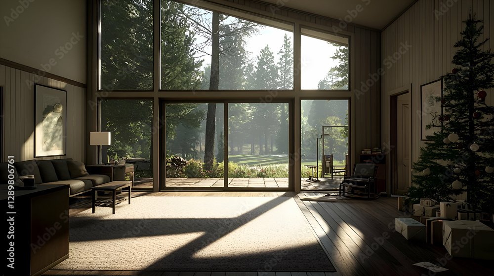 Fototapeta premium Modern Living Room with Large Windows Overlooking a Forest