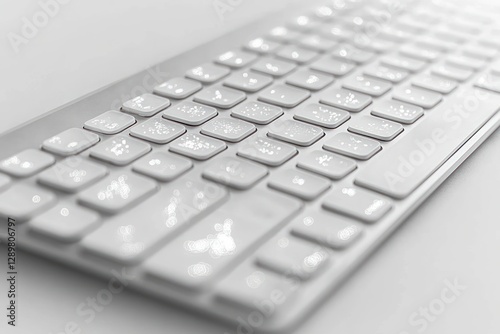 Minimalist close-up of sleek white keyboard with soft lighting and bokeh effect photo