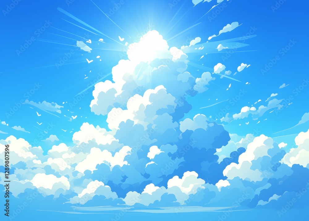 Fototapeta premium Cartoon Blue Sky with White Clouds