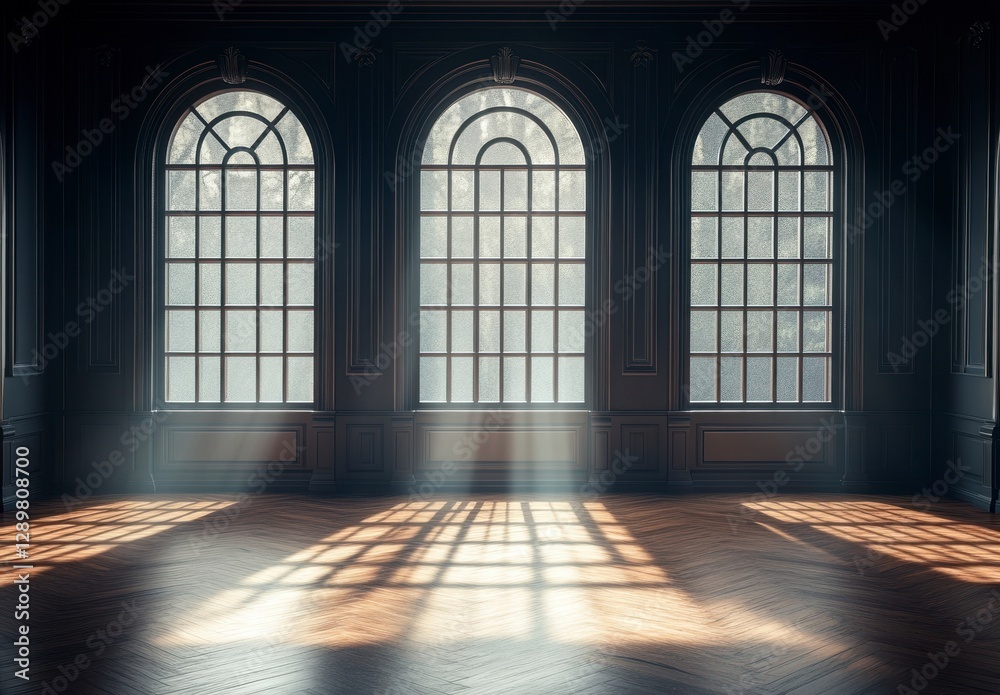 Fototapeta premium Elegant Room with Large Arched Windows and Soft Light Streaming In