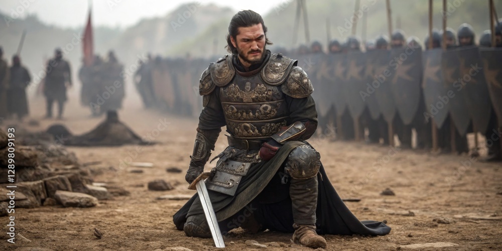 Warrior kneeling on battlefield with sword in hand facing army in the distance during medieval conflict