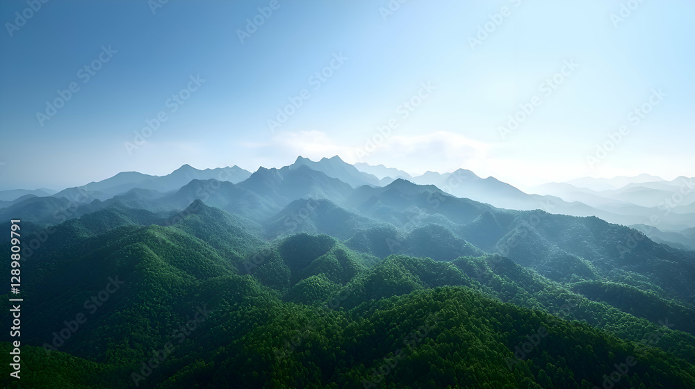 Obraz premium Aerial View of Lush Green Mountains Under a Blue Sky