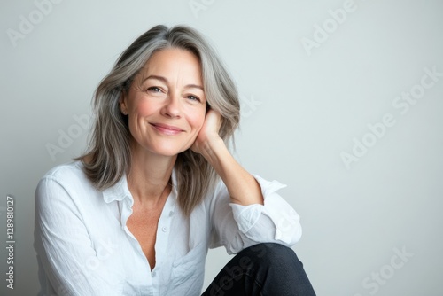 Smiling Woman with Gray Hair Leaning on Hand