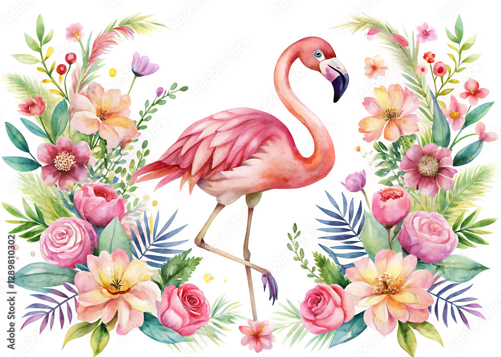 Fototapeta premium cute flamingo floral watercolor illustration vector art isolated white background, abstract vibrant pastel color 