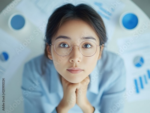 Asian Woman Wearing Glasses with Business Graphs