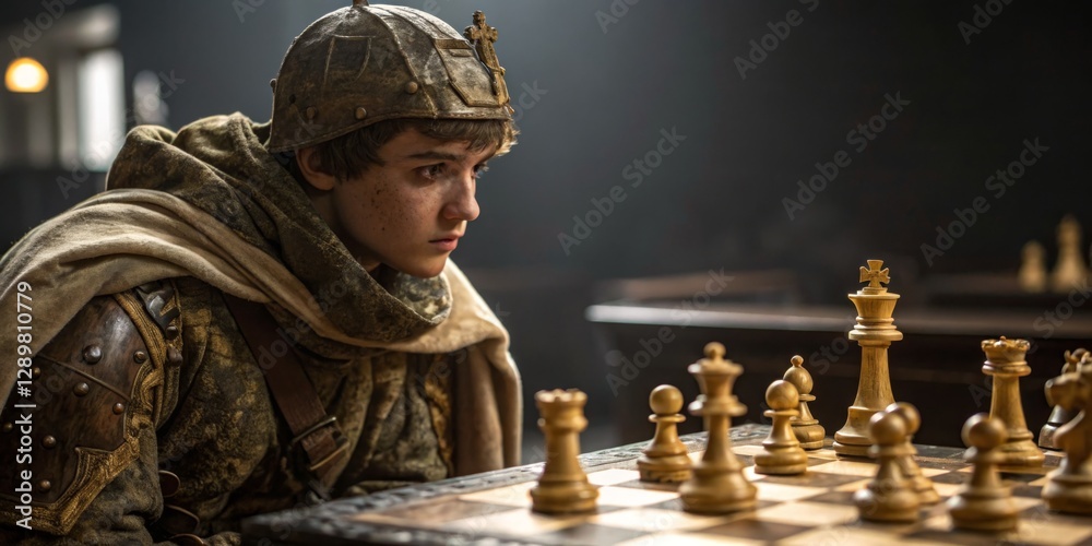 Young knight in medieval attire strategizes during a tense chess match in a dimly lit ancient hall