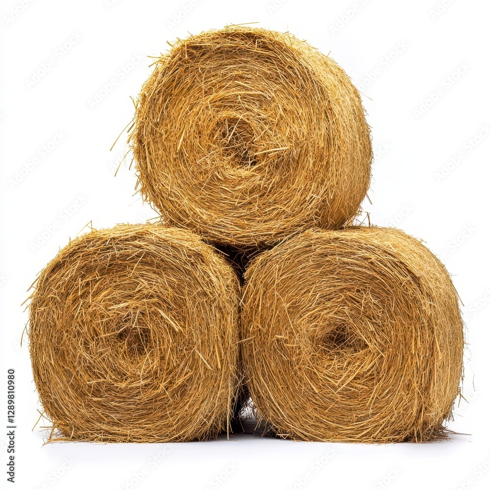 Three Round Hay Bales Stacked Isolated on White Background Three Round Hay Bales Stacked Isolated on White Background