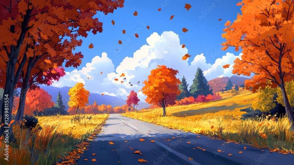 Fototapeta premium Scenic Autumn Road with Colorful Trees and Blue Sky in Background