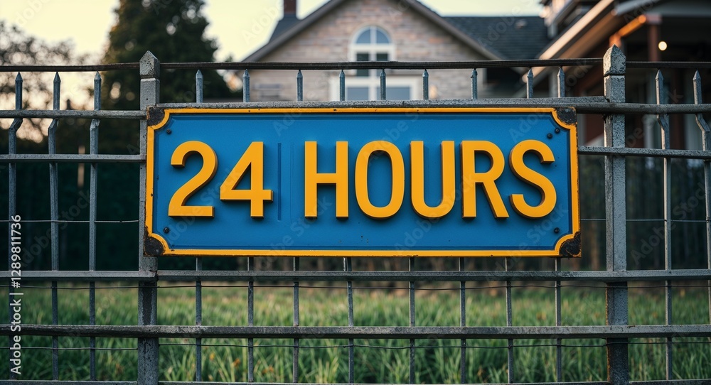 Obraz premium 24 hours lettering on sign at fence with house background