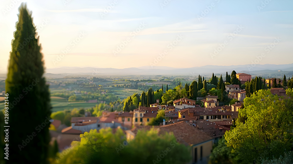 Obraz premium Tuscan Village Sunset Landscape: Warm Golden Light on Rolling Hills