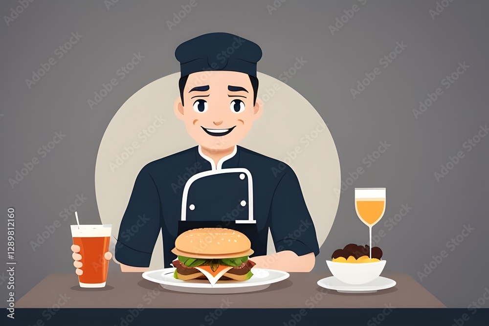 Vector style illustration of a cartoon chef and a hamburger, cooking, meal, lunch, dinner, supper, restaurant, café, bistro, cook, food, kitchen, recipe, ingredients, flavor, taste, dish, plate Vector style illustration of a cartoon chef and a hamburger, cooking, meal, lunch, dinner, supper, restaurant, café, bistro, cook, food, kitchen, recipe, ingredients, flavor, taste, dish, plate