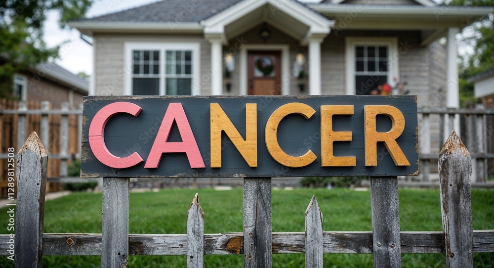 Fototapeta premium cancer lettering on sign at fence with house background