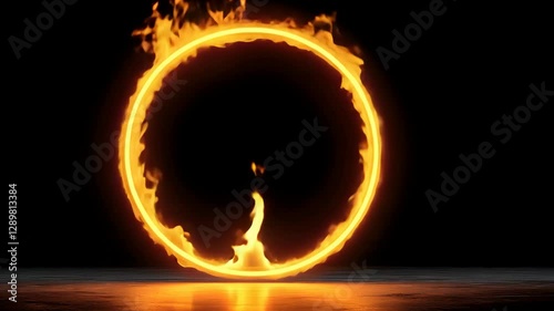 Glowing Ring of Fire with Flames Flickering Against Dark Background, Reflecting Smooth Surface, Creating Dramatic and Intense Visual Effect with Fiery Circle Emitting Warm, Orange Glow and Vibrant