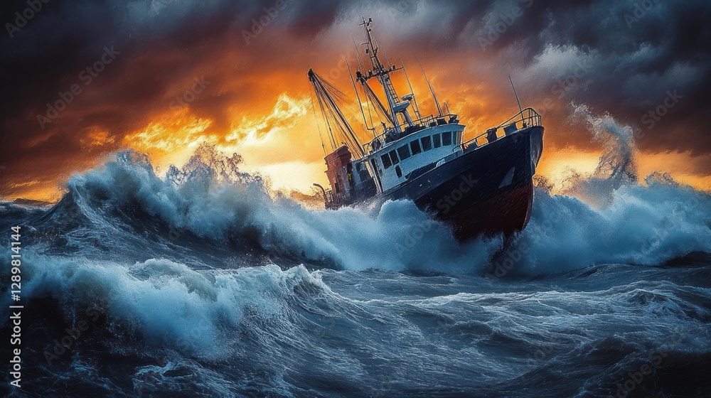 Obraz premium Fishing Boat Battling Stormy Waves in Dramatic Twilight Seascape
