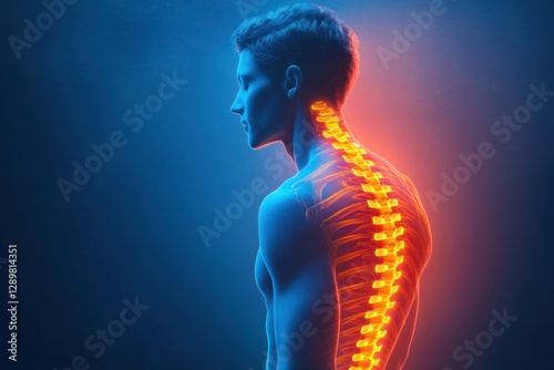 Human Silhouette Lateral View with Glowing Spine in Neon Blue and Orange Lights Minimalist Composition