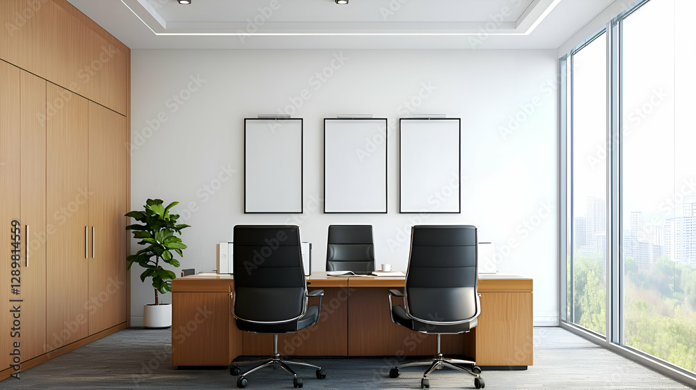Fototapeta premium Modern Minimalist Office Interior with Wooden Desk and City View