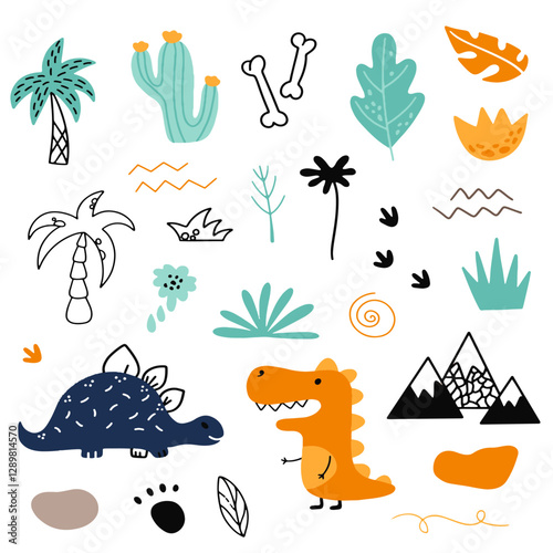 Cute vector set with different dinosaurs, mountains, volcanoes, palm trees, clouds, eggs, footprints. Vector illustration. Creative children's animals.	
