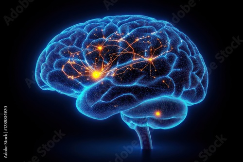 Illustration of Human Brain with Pituitary Gland in Neon Blue Glow Anatomy X-ray Profile Medical Science