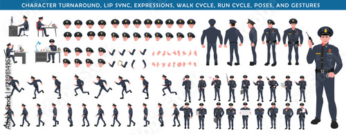 
Police Officer Character Design Model Sheet. Man, Character design. Front, side, back view and explainer animation poses. Character set with lip sync and Walk cycle animation sequences.
