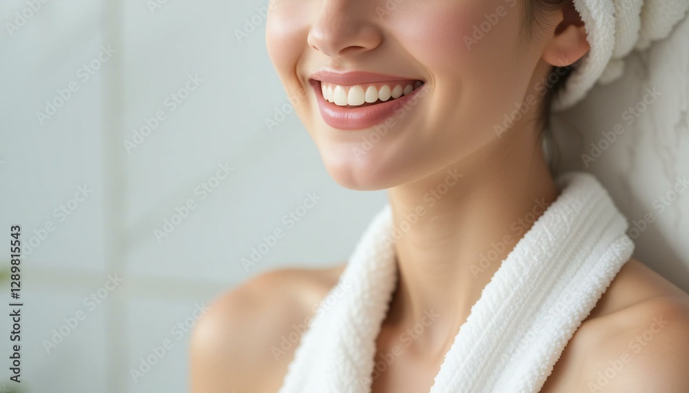 Woman Smile with Healthiness of Teeth and Towel on Head. Woman Smile with Healthiness of Teeth and Towel on Head.