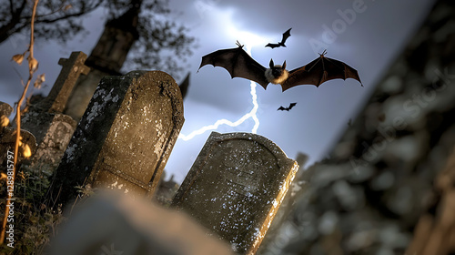 A cemetery with a cemetery stone and a tombstone with a bat flying over it. generated using AI photo